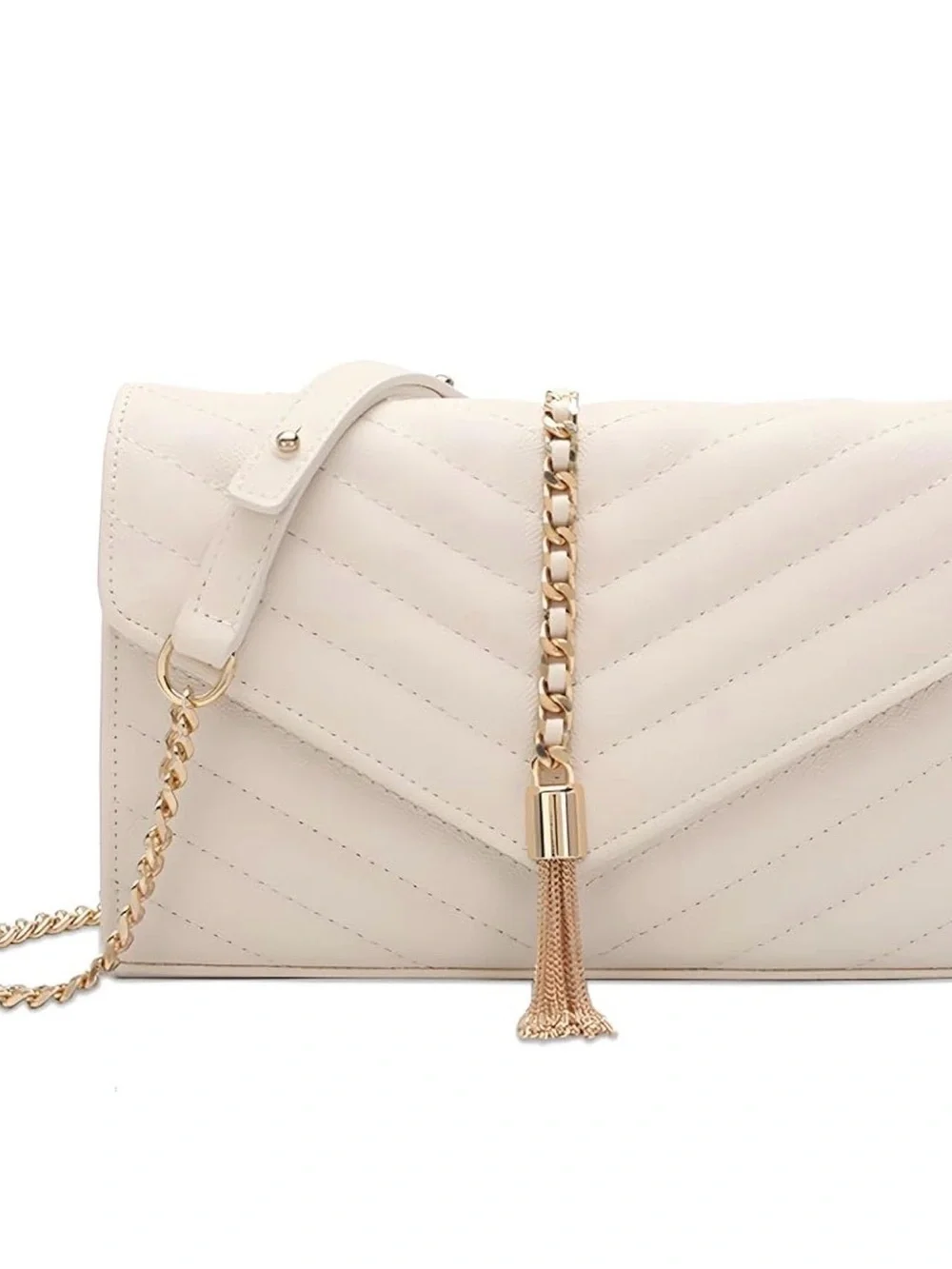 Elegant Cream Quilted Shoulder Bag with Gold Chain Tassel